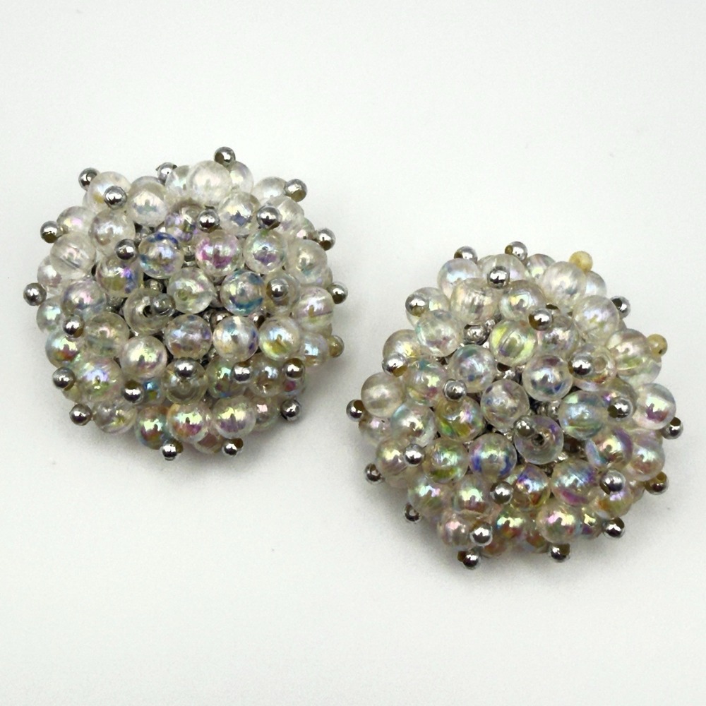 Vintage Beaded Cluster Clip On Earrings AB Iridescent Plastic Dome 1950s 1960s